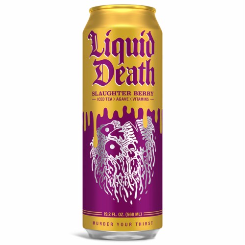 Liquid Death, Slaughter Berry Iced Tea, Raspberry Flavored Black Tea Perspective: front