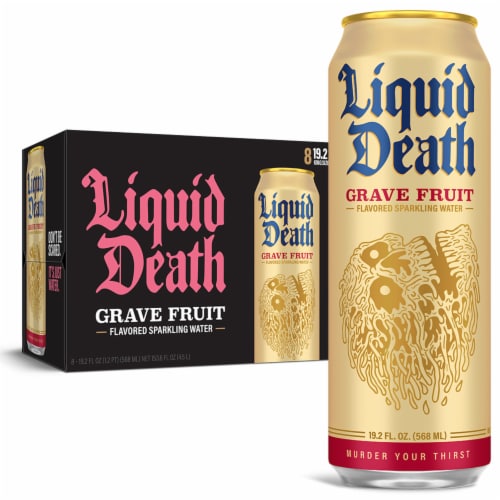 Liquid Death, Grave Fruit, Grapefruit-Flavored Sparkling Water Perspective: front