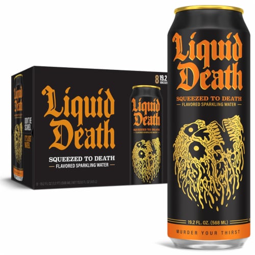 Liquid Death, Squeezed to Death, Orange-Flavored Sparkling Water Perspective: front