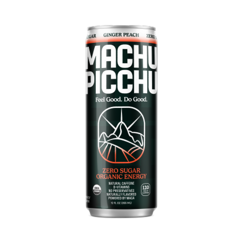 Machu Picchu Ginger Peach Energy Drink Can Perspective: front