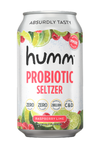 Humm Kombucha® Probiotic Raspberry Lime Flavored Seltzer Water Cans Perspective: front