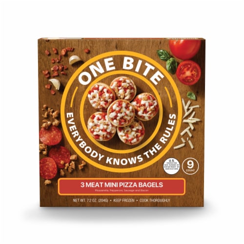 One Bite 3 Meat Mini Pizza Bagels Perspective: front