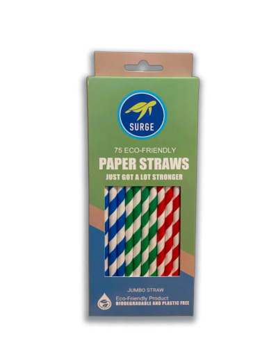Surge Red Blue and Green Striped Unwrapped Jumbo Paper Straws Perspective: front