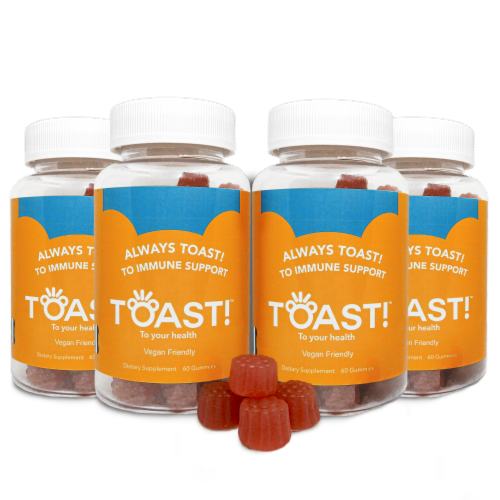 Toast! Immune Support Dietary Supplement, Raspberry, 60 Gummies - 4 Bottle Perspective: front