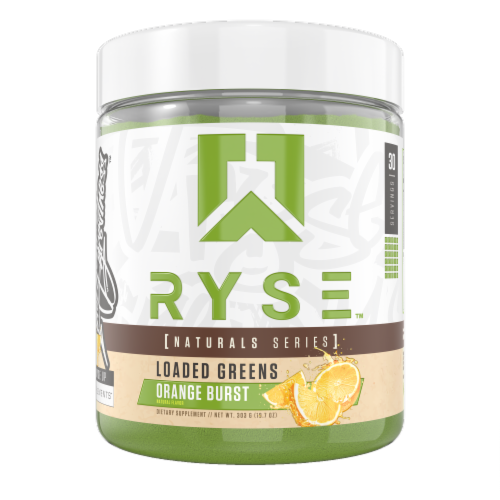 Ryse Naturals Series Loaded Greens Orange Burst Flavor Dietary Supplement Powder Perspective: front