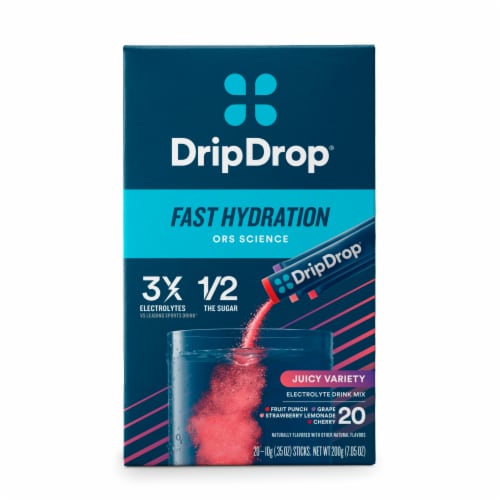 Drip Drop® Dehydration Relief Fast™ Juicy Electrolyte Drink Mix Variety Carton Perspective: front