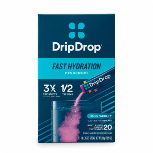 Drip Drop® Fast Hydration Bold Variety Electrolyte Drink Mix Carton Perspective: front