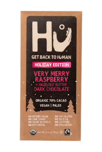 Hu® Holiday Edition Very Merry Raspberry + Hazelnut Butter Dark Chocolate Bar Perspective: front