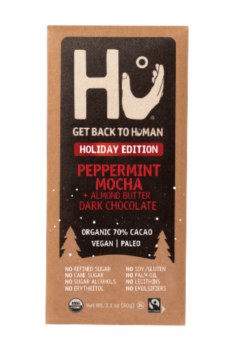 Hu® Holiday Edition Peppermint Mocha + Almond Butter Dark Chocolate Bar Perspective: front