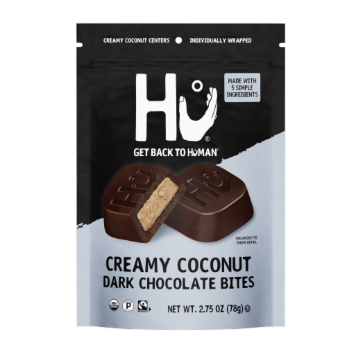 Hu® Creamy Coconut Dark Chocolate Bites Candy Bag Perspective: front