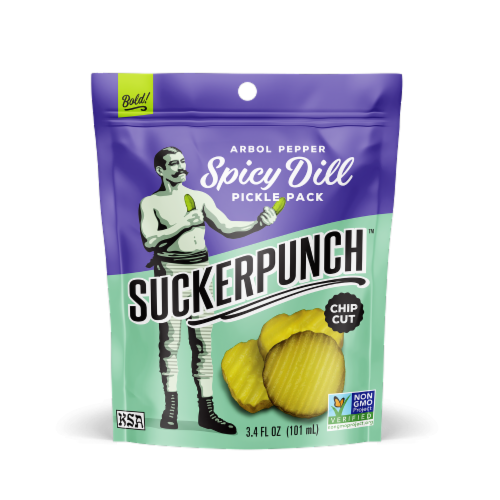 Suckerpunch™ Spicy Dill Pickle Chip Snack Pouch Perspective: front