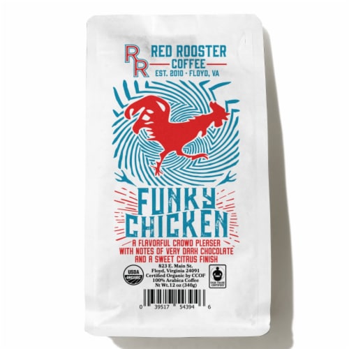 Red Rooster Coffee Organic DECAF Funky Chicken - 12 Oz Whole Bean Perspective: front