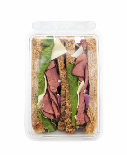 Top round pastrami imported Switzerland Swiss Cheese, Red Onion & Leaf Lettuce Perspective: front