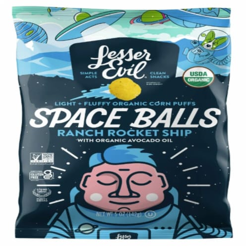 LesserEvil® Ranch Rocket Ship Space Balls Organic Puffed Corn Snacks Perspective: front