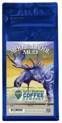 Rocky Mountain Moose Drool Mud 100% Arabica Dark Roast Ground Coffee Perspective: front