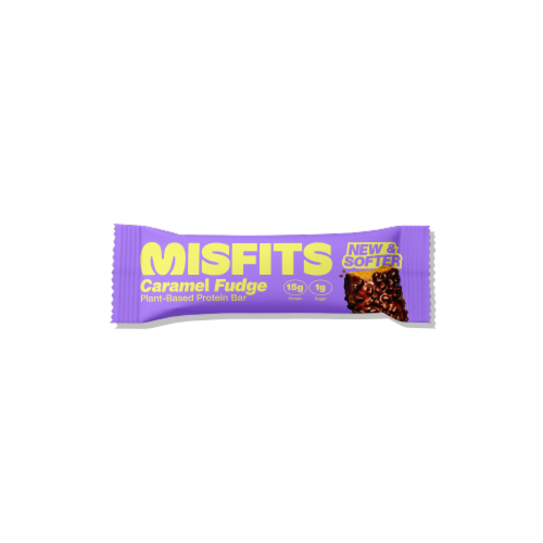 Misfits Caramel Fudge Plant-Based Protein Bar Perspective: front