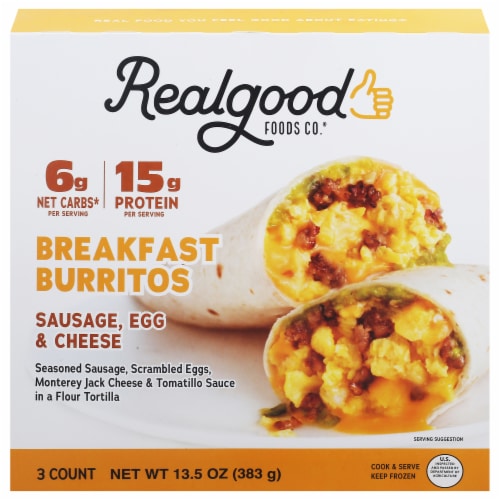 Real Good Foods Co.® Chicken Sausage Egg & Cheese Frozen Breakfast Burritos Perspective: front
