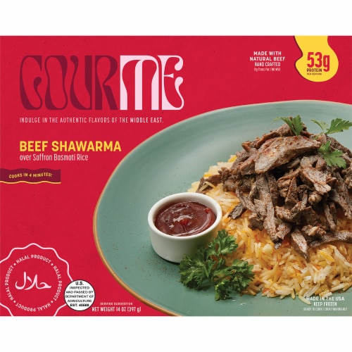 GourMe Beef Shawarma on Saffron Seasoned Basmati Rice Perspective: front