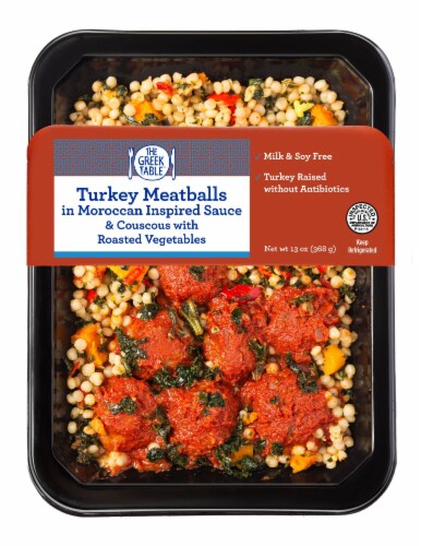The Greek Table Turkey Meatballs Moroccan Sauce & Couscous with Roasted Vegetables Perspective: front