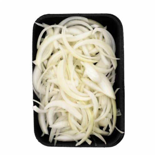 Fresh Cut Julienne Yellow Onions Small Tray Perspective: front