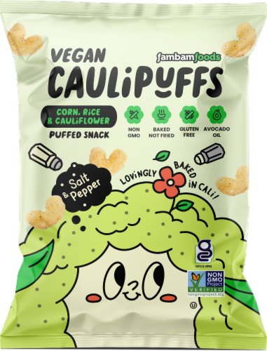 Fambam Foods Vegan Caulipuffs Salt & Pepper Puffed Snacks Perspective: front
