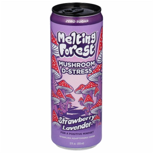 Melting Forest™ Mushroom D-Stress Strawberry Lavender Sparkling Adaptogenic Drink Perspective: front