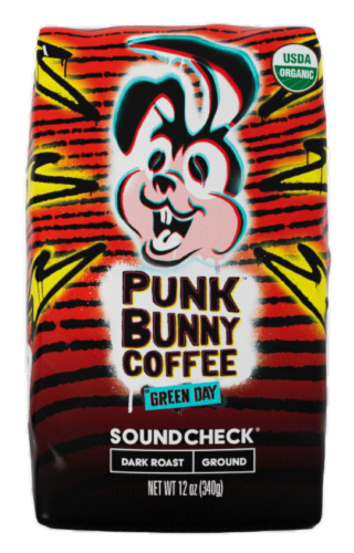 Punk™ Bunny Green Day Sound Check® Dark Roast Ground Coffee Perspective: front