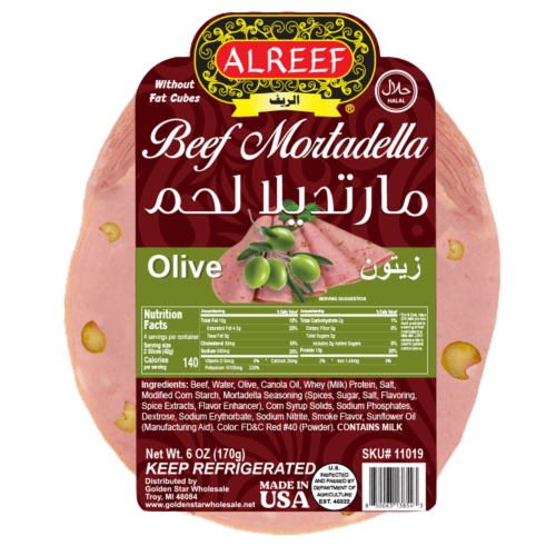 Alreef® Beef Mortadella Sliced with Olive Perspective: front