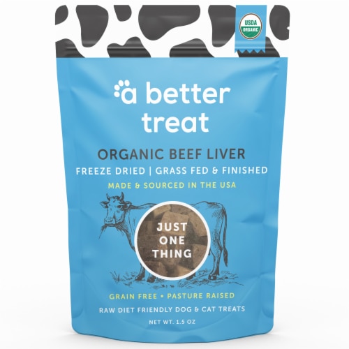 A Better Treat Freeze Dried Organic Grass Fed and Finished Beef Liver Dog and Cat Treats Perspective: front