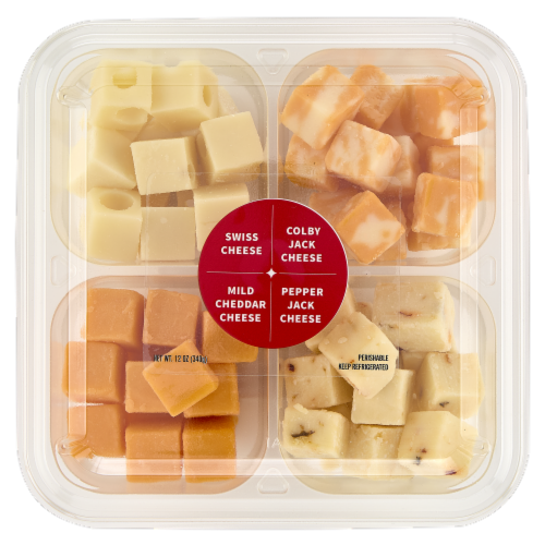 Upper Cut Assorted Colby Jack Pepper Jack Swiss and Mild Cheddar Cheese Cube Tray Perspective: front
