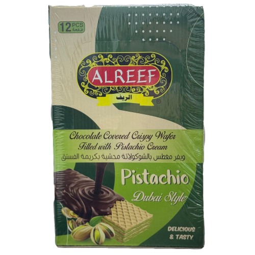 Alreef® Dubai Style Chocolate Covered Wafer with Pistachio Cream Filling Bars Perspective: front