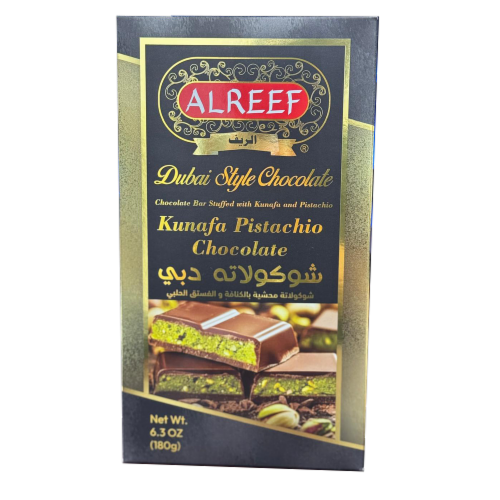 Alreef® Dubai Style Chocolate Bar Stuffed with Pistachio and Kunafa Perspective: front