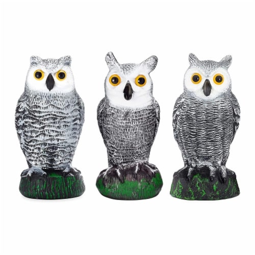 BIRD BLINDER Fake Owl Decoy Set of 3 Gray - Scare Birds Away! Perspective: front