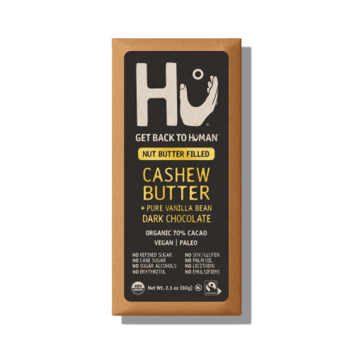 Hu® Cashew Butter + Pure Vanilla Bean Organic Stone-Ground Cacao Dark Chocolate Bar Perspective: front