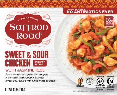 Saffron Road Sweet & Sour Chicken with Jasmine Rice Gluten-Free Frozen Meal Perspective: front