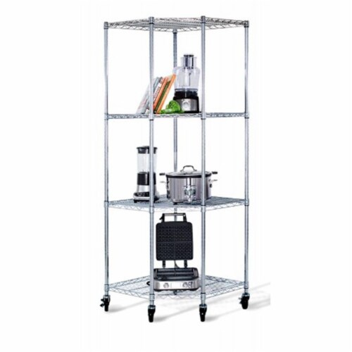 Trinity TBFZ0909 4 Tier Corner Wire Shelving Rack with Wheels, Chrome