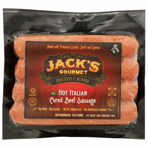 Jack's Gourmet Kosher Hot Italian Cured Beef Sausage Perspective: front