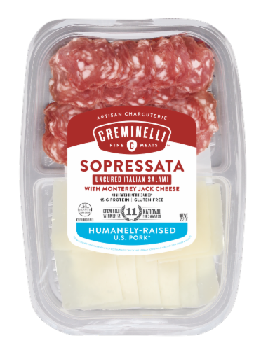 Creminelli Fine Meats™ Sopressata Uncured Italian Salami & Monterrey Jack Cheese Perspective: front