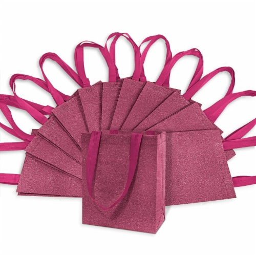 Medium Red Gift Bags with Handles, Reusable Tote, Glitter Metallic Bling Shimmer Perspective: front