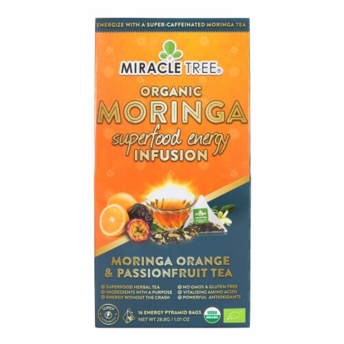Miracle Tree Organic Moringa Superfood Energy Infusion Moringa Orange and Passionfruit Tea Bags Perspective: front