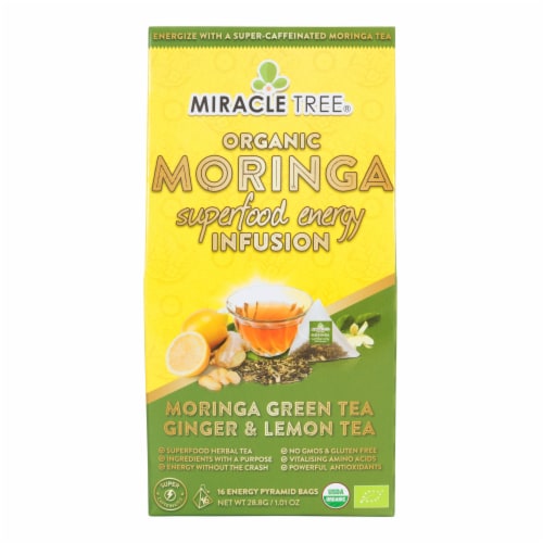 Miracle Tree Organic Moringa Superfood Energy Infusion Morigna Green Tea Ginger and Lemon Tea Bags Perspective: front