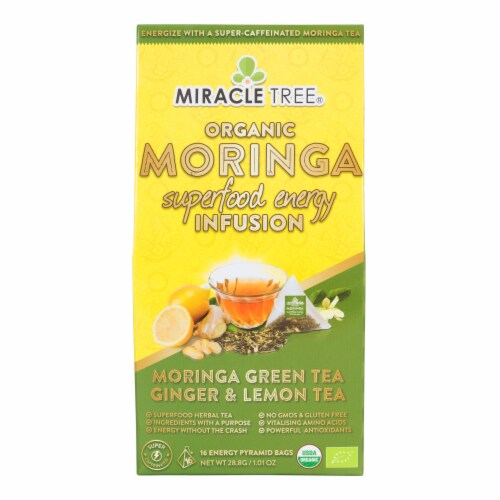 Miracle Tree Organic Moringa Superfood Energy Infusion Morigna Green Tea Ginger and Lemon Tea Bags Perspective: front