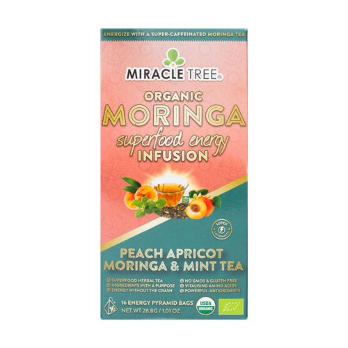 Organic Moringa Superfood Energy Infusion Tea Peach Mint Apricot -- 16 Energy Pyramid Bags Perspective: front
