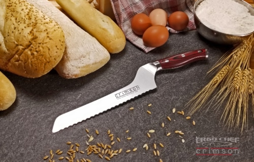 Ergo Chef CRIMSON 8" Serrated Offset Bread knife - Red G10 Handle Perspective: front