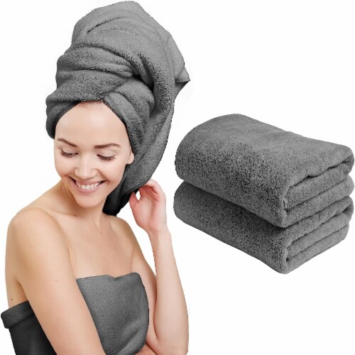 Scala Microfiber Hair Towel Wrap Rectangle Twist for Women (2 Pack) - Gray  10 x 25 inches, 10 x 15 inches - Foods Co.