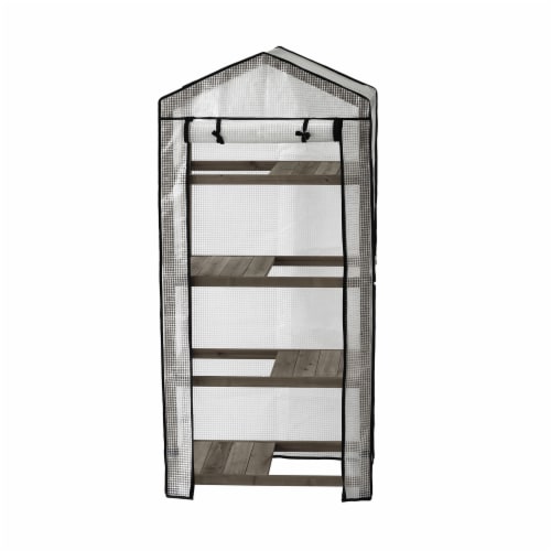 VT Nursery - 4 Tier Wooden Greenhouse FSC 100% Gray Wash (with PE cover) Perspective: front