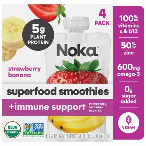 Noka® Strawberry Banana Superfood Smoothies + Immune Support Perspective: front