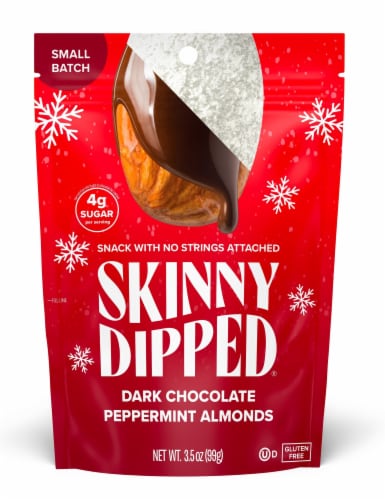 SkinnyDipped® Holiday Almonds Dark Chocolate Peppermint Almonds Perspective: front