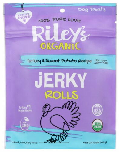 Riley's Organic Turkey & Sweet Potato Jerky Rolls for Dogs Perspective: front