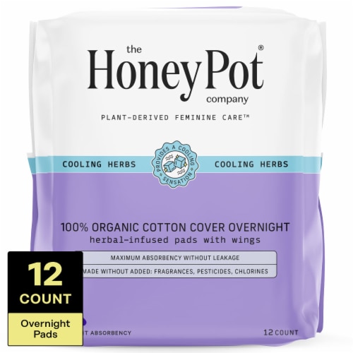 The Honey Pot® Overnight Pads with Wings 100% Organic Cotton Cover Heavy Absorbency Herbal Infused Perspective: front
